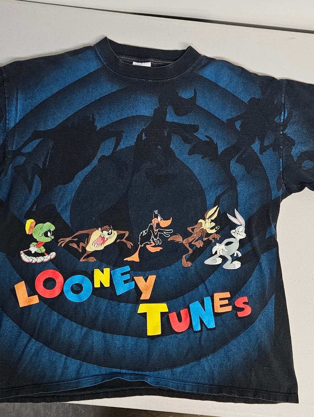 Vintage 1990s Looney Tunes Shirt Men XL Black Blue Tee All Over Print
